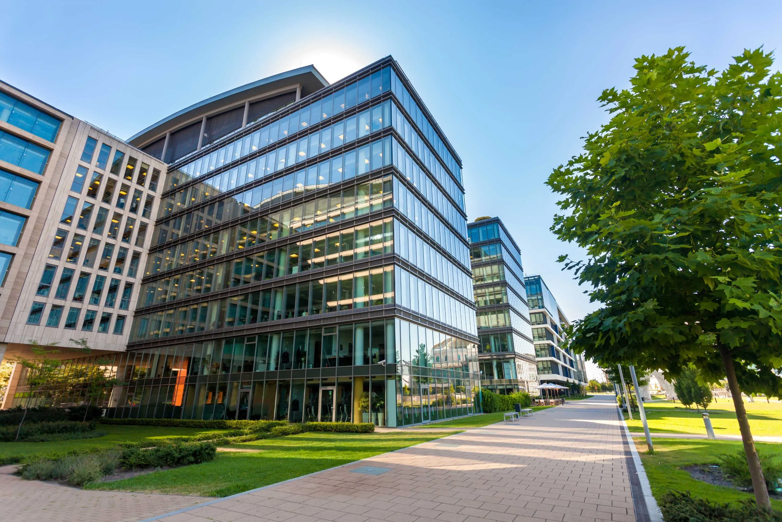 A modern commercial office building maintained by Embarq Solutions